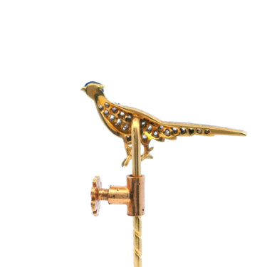 Victorian 18K Yellow Gold Pheasant Stickpin Rose Cut Diamonds and Enamel