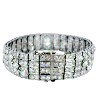 Art Deco Circa 1920 Diamond and Emerald Platinum Straight Line Bracelet