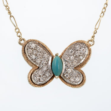 Vintage Hammerman Brothers Butterfly Necklace with Turquoise, Diamonds & Figaro