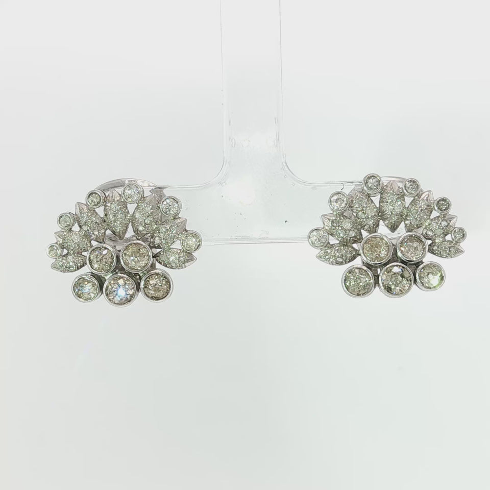 Estate Old Mine Cut Diamond Cluster Earrings – 18K White Gold,~2.24 CTW