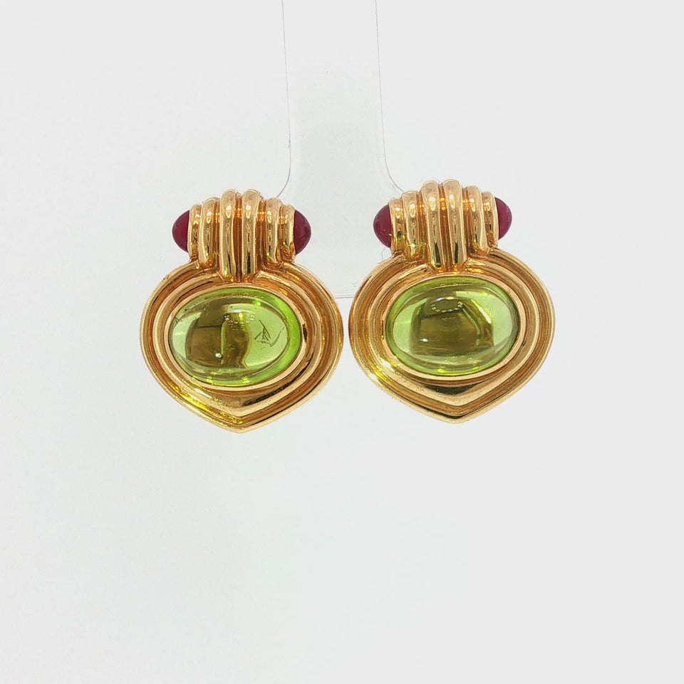 Bulgari 18K Peridot Earrings Ruby Accents 18K Yellow Gold Clip-ons