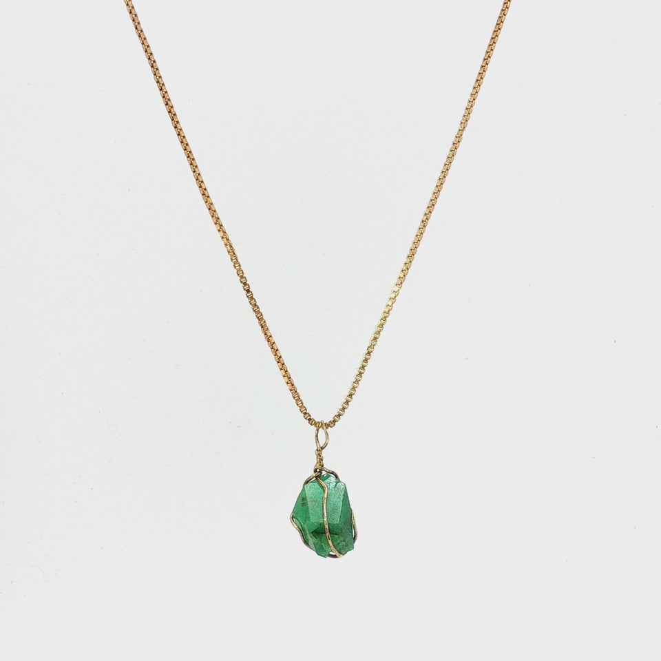 Vintage 14K Raw Emerald Pendant Necklace 20" ~9.6ctw Emerald
