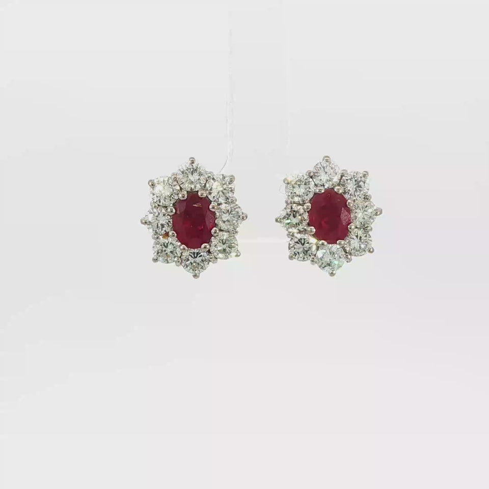 Vintage Ruby Diamond Halo Stud Earrings Platinum 14K Backs Burma Heated ~4.4ctw