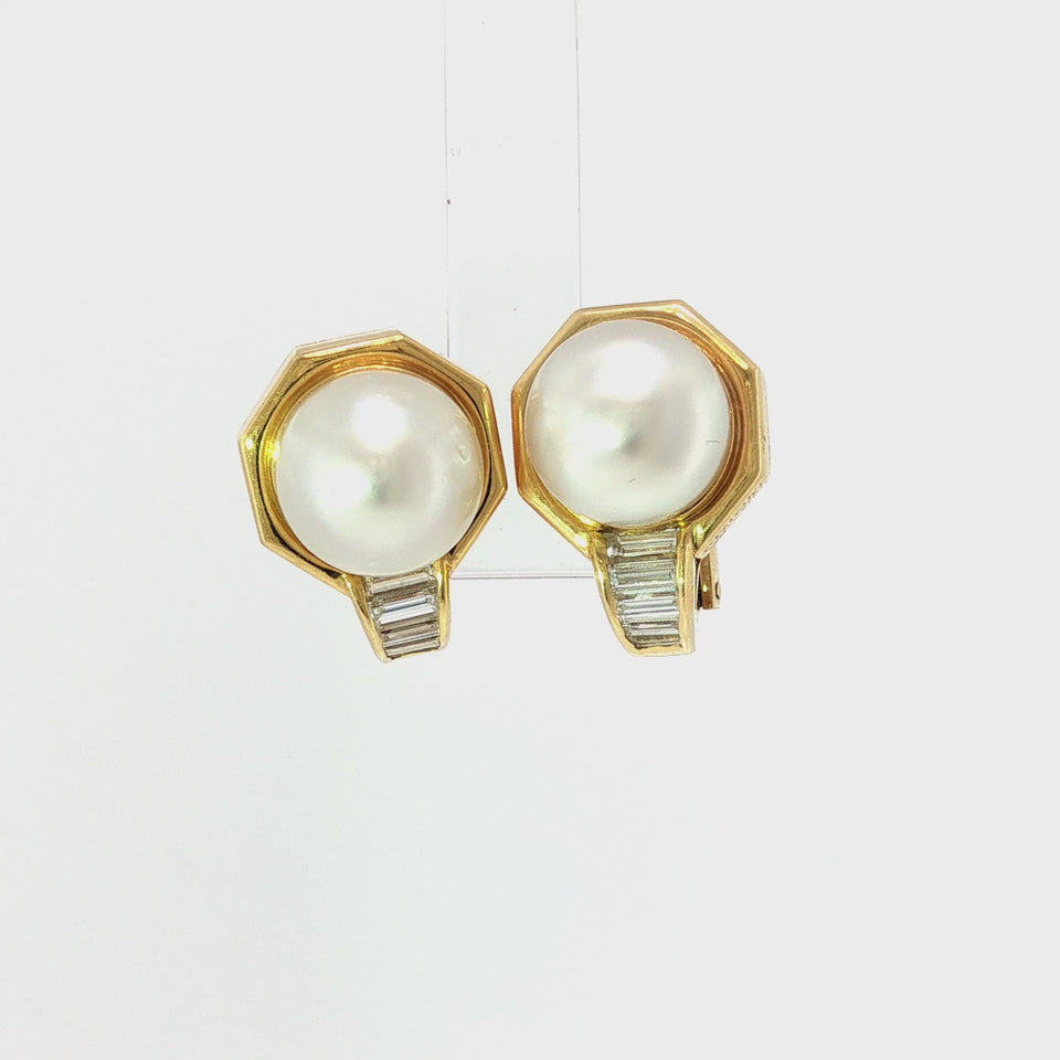 Bulgari Diamond Pearl Earrings 18K Yellow Gold South Sea Pearl 1980s