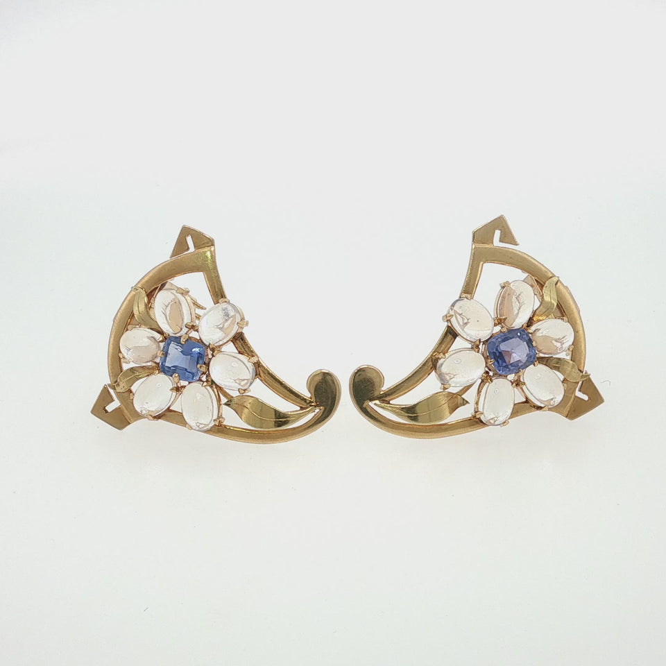 Vintage Moonstone Sapphire Clips 14k Yellow Gold Retro 1940s