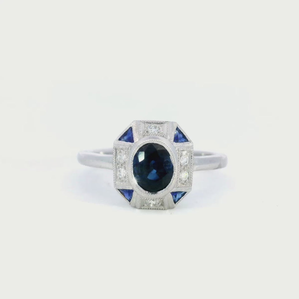 Art Deco Style Blue Sapphire and Diamond Ring Button Ring in 18K white Gold