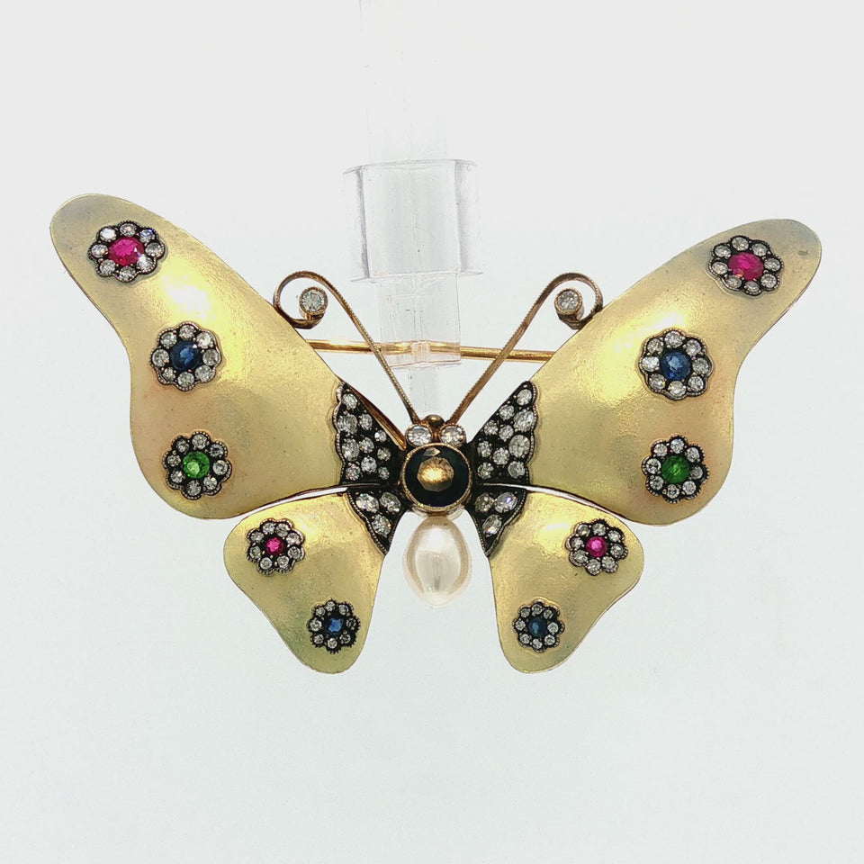 Vintage 18K Butterfly Brooch With Sapphire Ruby Emerald and Diamonds Yellow Gold