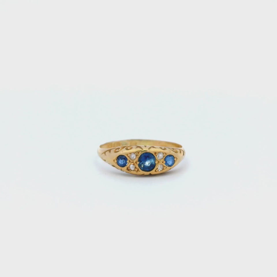 Antique Victorian English Birmingham 18k Yellow Gold Sapphire and Diamond Ring