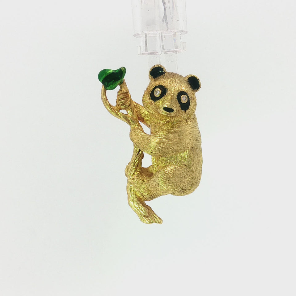Vintage Panda Brooch with Enamel and Diamond Eyes in 18K Yellow Gold