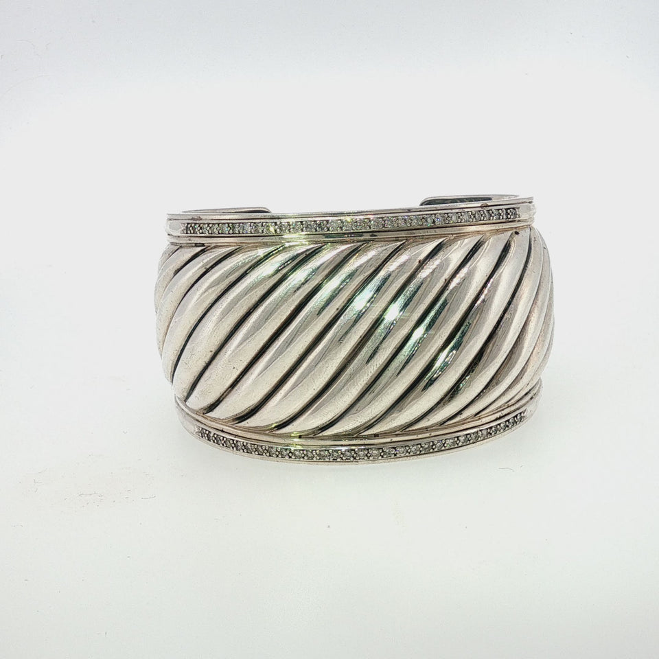 David Yurman Diamond Sculpted Cable Cuff Sterling Silver Bracelet 6"