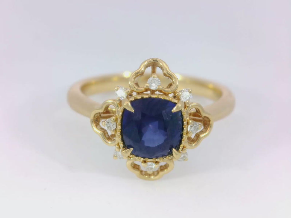 Modern Blue Sapphire Square Cushion Cut Ring with Diamonds in 18K