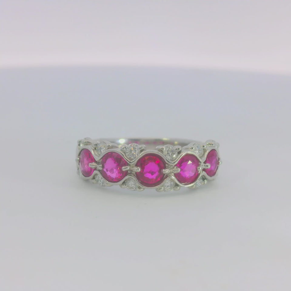 Modern Platinum Ruby and Diamond Band Stackable Ring