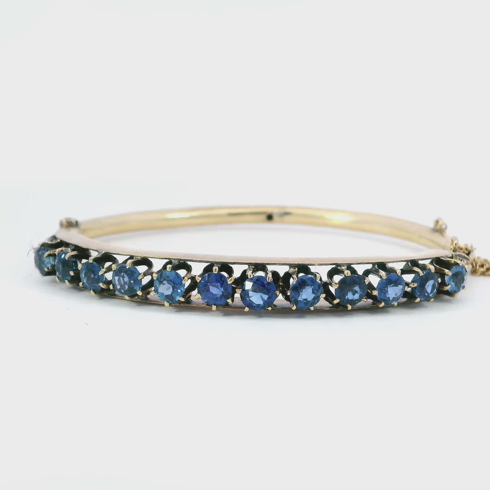 Victorian Yogo Montana Blue Sapphire Bangle Bracelet 14K Gold ~4.6ctw