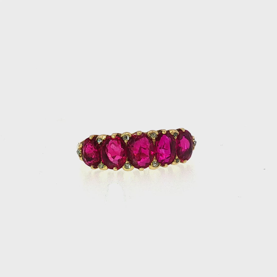 Victorian Burma No-Heat Ruby Five Stone Ring Diamond Accents 18K Yellow Gold