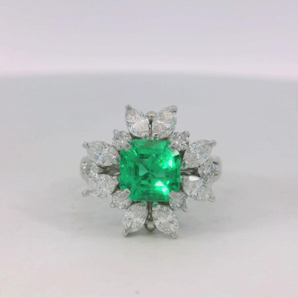 Estate Platinum Emerald Diamond Cluster Ring AGL Certified Gem Emerald ~2.48ctw