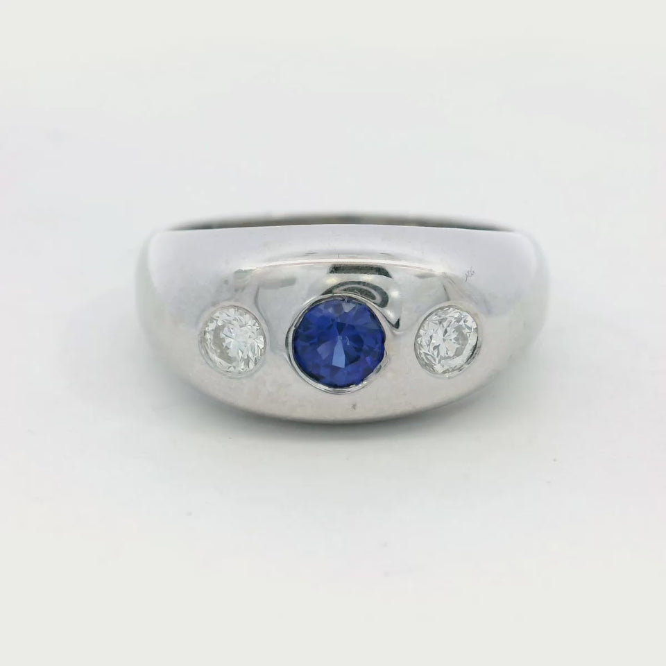 Vintage Three Stone Gypsy Ring with Sapphire and Diamonds in 14K White Gold