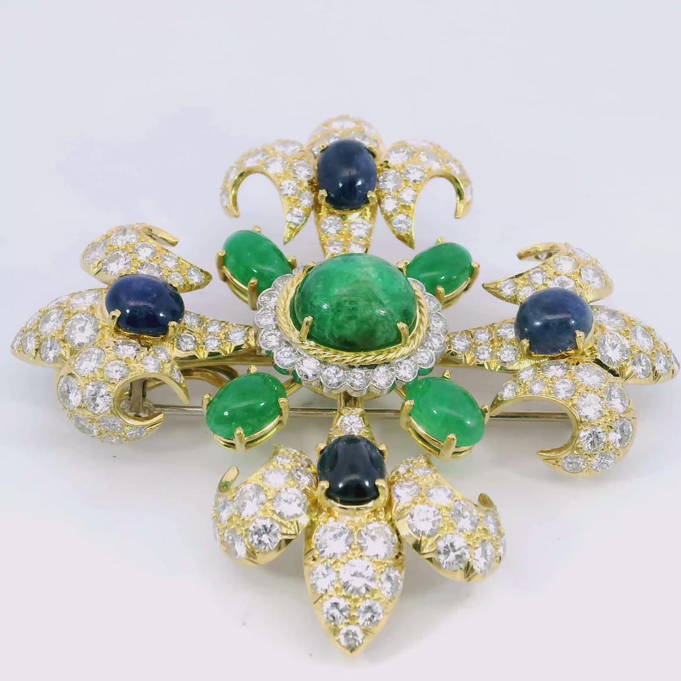 Vintage Diamond Fleur de Lis Pendant Brooch 18K Emeralds and Sapphires ~26.62ctw