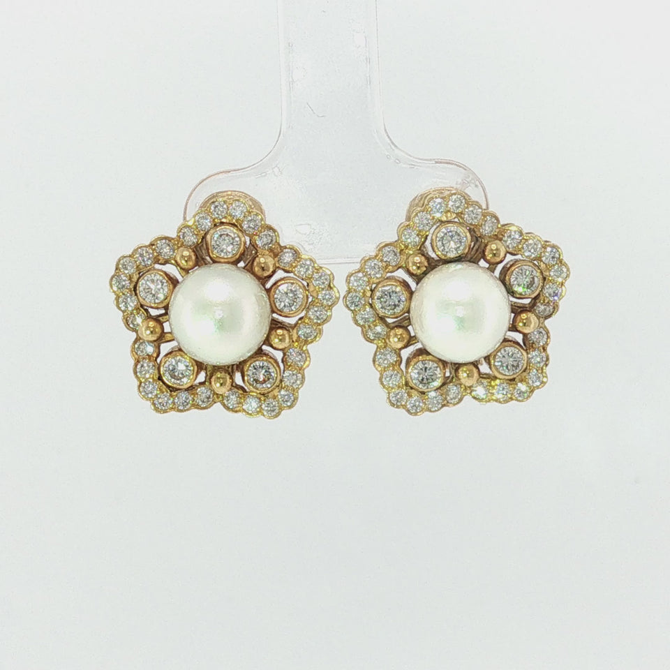 Mikimoto Diamond Pearl Earrings 18K Yellow Gold Cultured Pearls