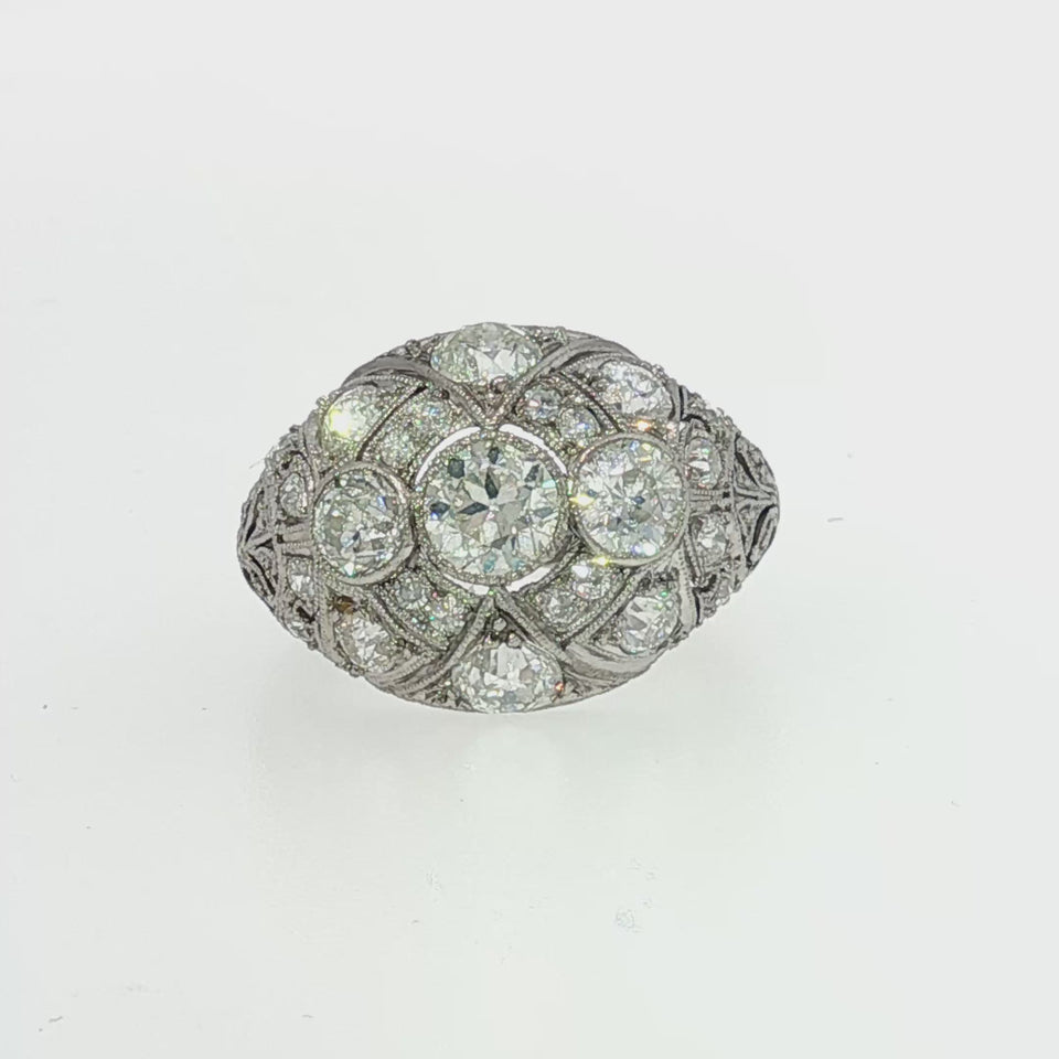 Art Deco Platinum Dome Ring with European Cut Diamonds – Approx. 2.24 CTW
