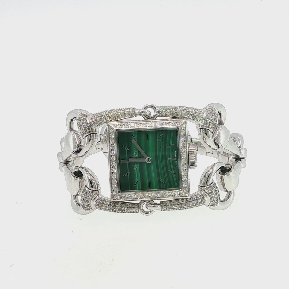 Vintage Gucci Horsebit Watch 18K Diamond White Gold Malachite Dial