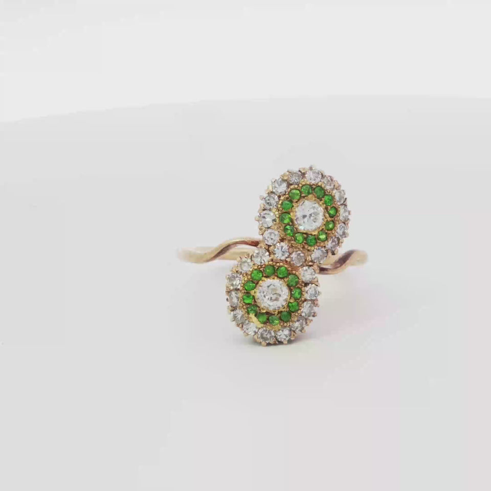 Victorian Diamond Bypass Ring Demantoid Garnet 14K Yellow Gold Size 7.5