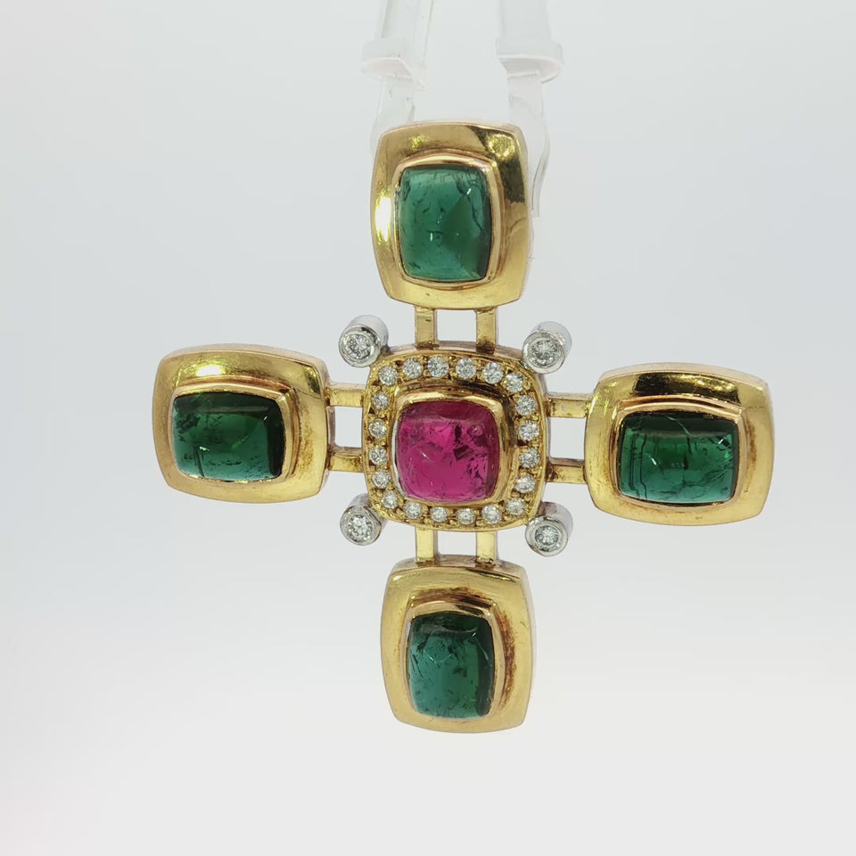 Estate 18K Tourmaline Cross Pendant Diamond Accents Yellow Gold ~16.8ctw