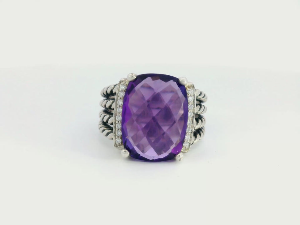 David Yurman Purple Amethyst Sterling Silver Rope Ring with Diamonds