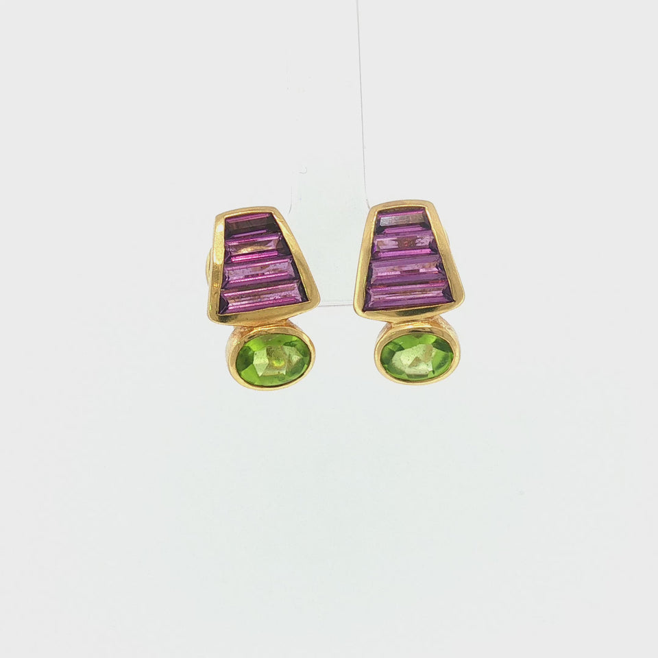 Vintage 18K Amethyst & Peridot Earrings 18K Yellow Gold