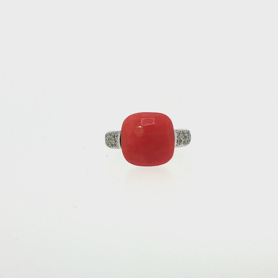 Pomellato Coral Capri Ring Diamond Shoulders 18K White Gold