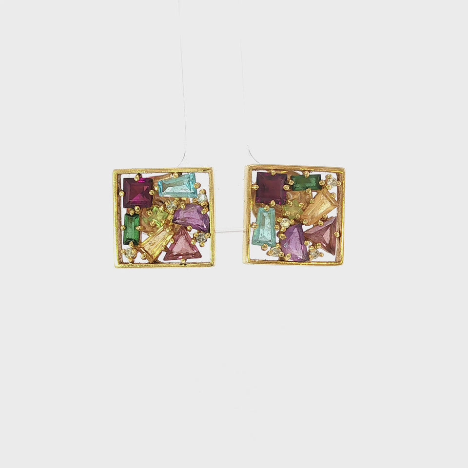 Estate Multigemstone Cluster Earrings in 18K Yellow Gold