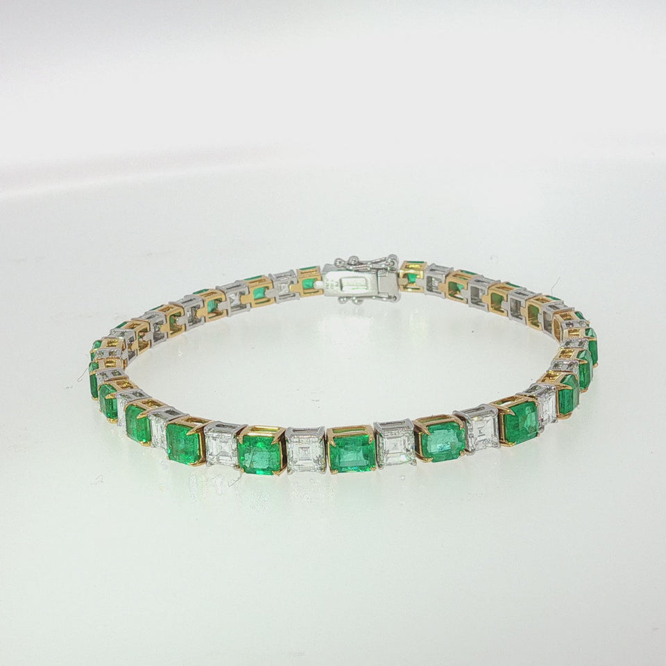 Estate Emerald Diamond Tennis Bracelet 18K White Yellow Gold ~11.25ctw