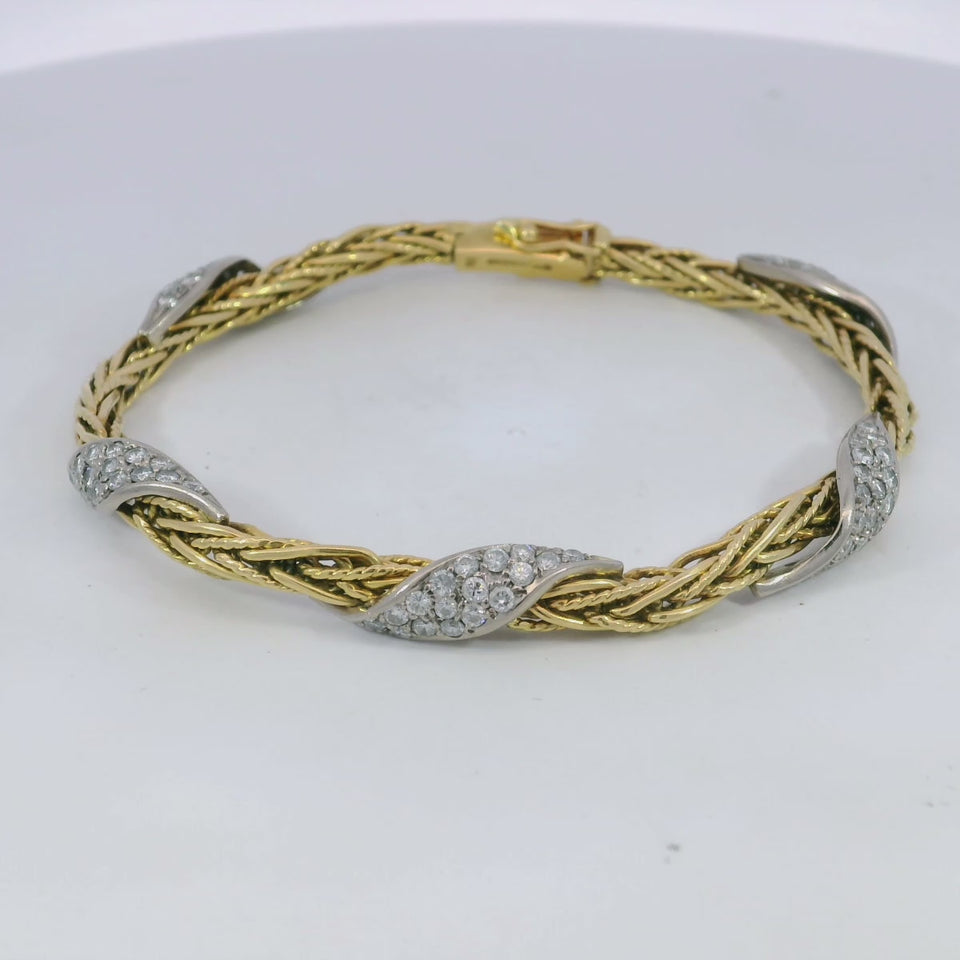 Vintage 5 Row Braided Diamond 18K Gold Bracelet German Made Size 6.75"