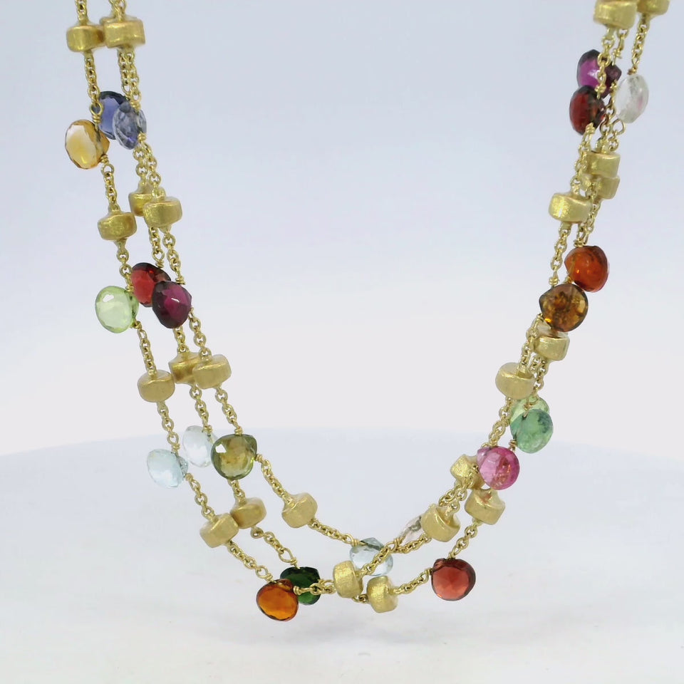 Marco Bicego 3 Strand Multi Gem Necklace 18K Gold Briolette Cut Paradise Design