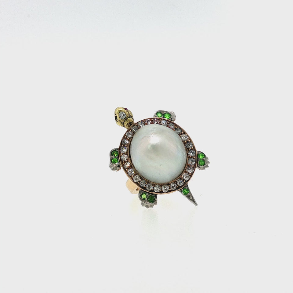 Victorian Diamond Turtle Ring With Pearl & Demantoid Garnet 14K Yellow Gold