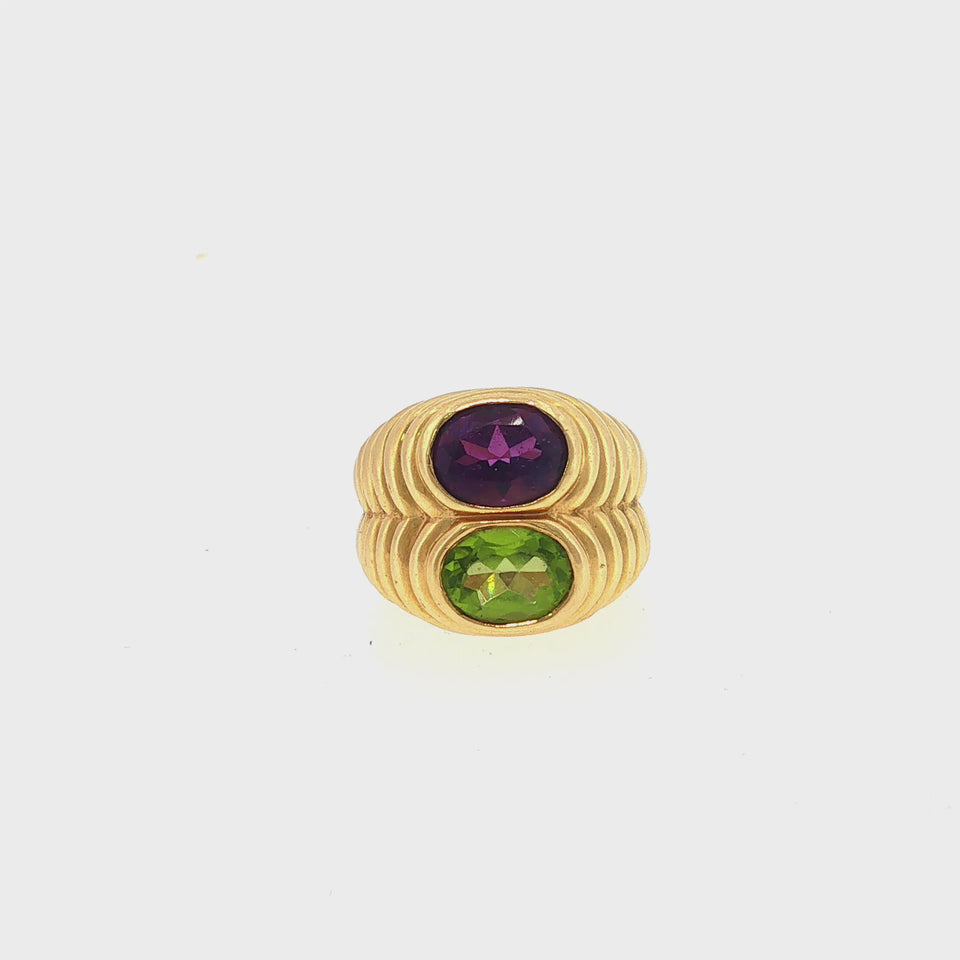 Vintage 18K Doppio Ring Peridot Amethyst Double Row Yellow Gold