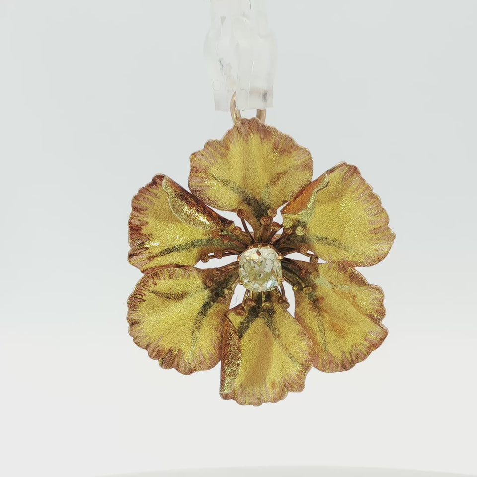 Antique Diamond Pansy Flower Pendant Brooch 14K Yellow gold ~.56ct Old Mine