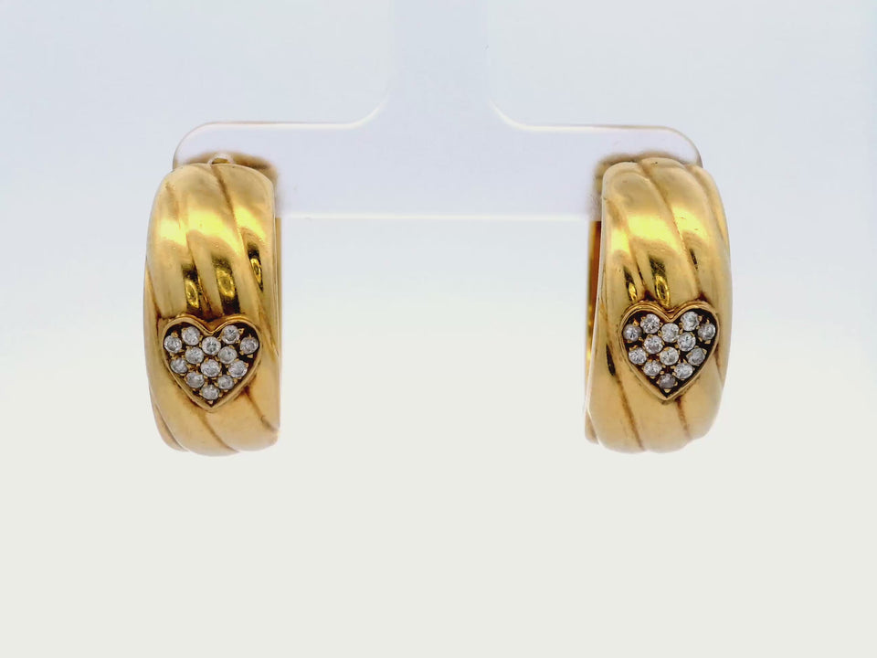 Fred Paris 1970s Diamond Heart Loop Earrings in 18 Karat Yellow Gold