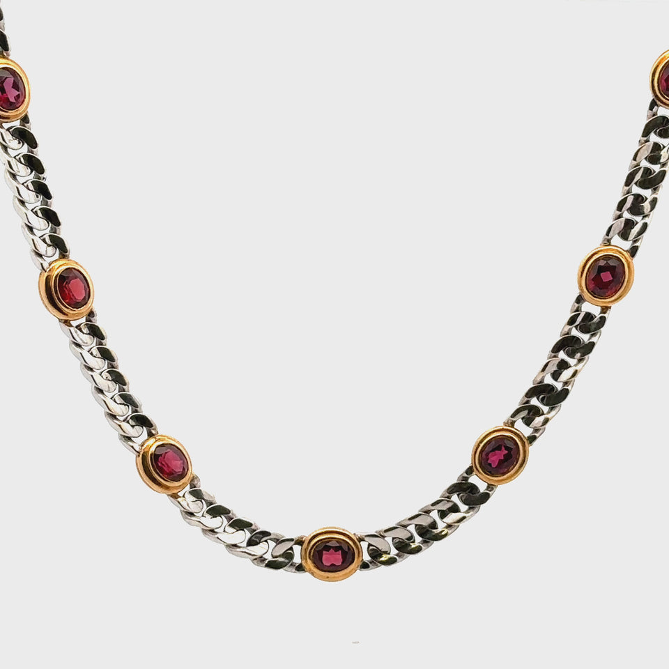 Bulgari Curb Chain Link Necklace with Bezel Set Garnet 18K White and Yellow Gold