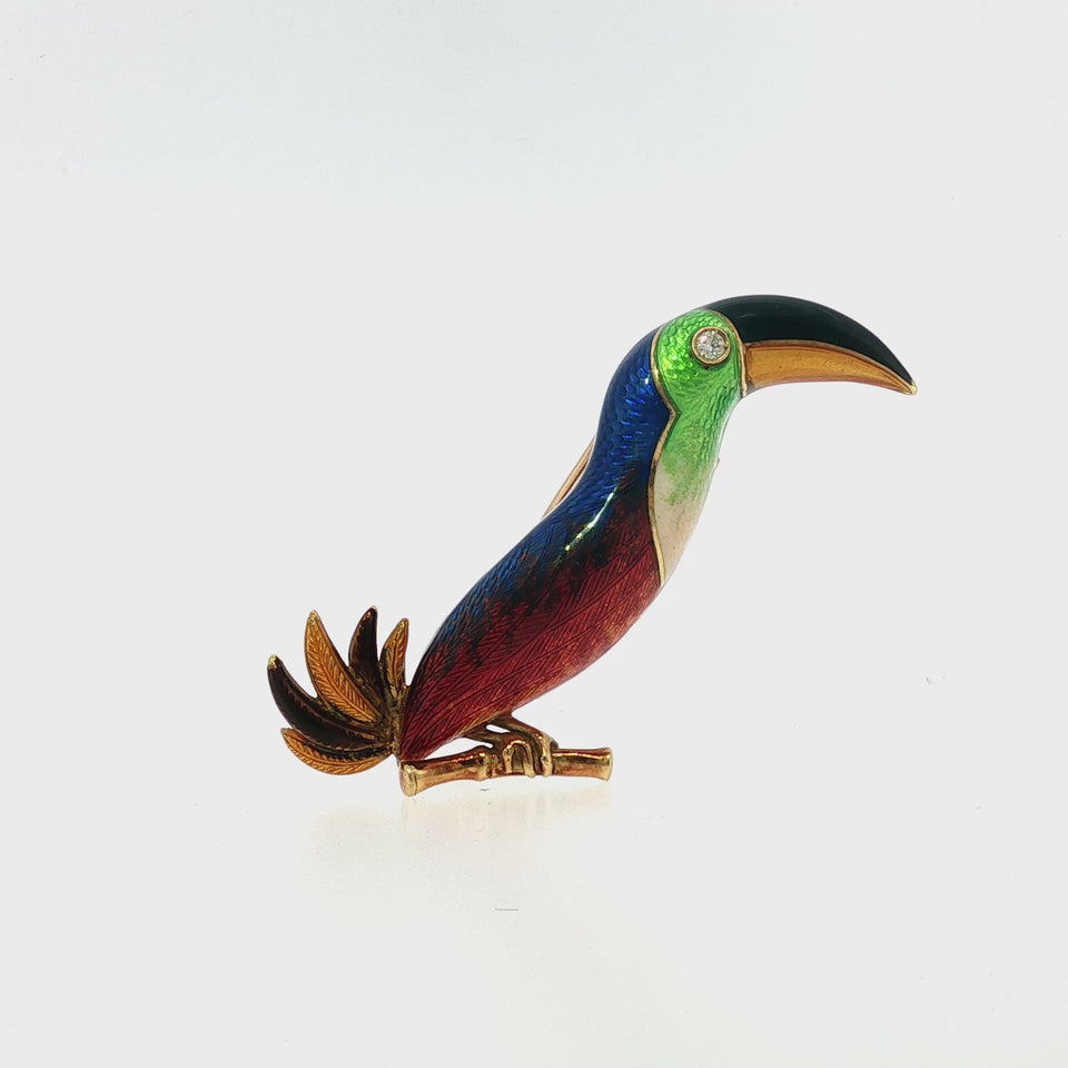Bulgari 18K Enamel Brooch Toucan Bird Yellow Gold 1980s
