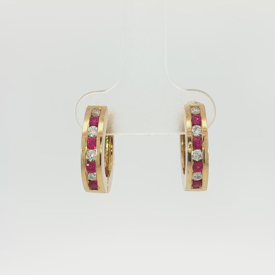 Modern 18K Ruby Diamond Mini Hoop Earrings Yellow Gold