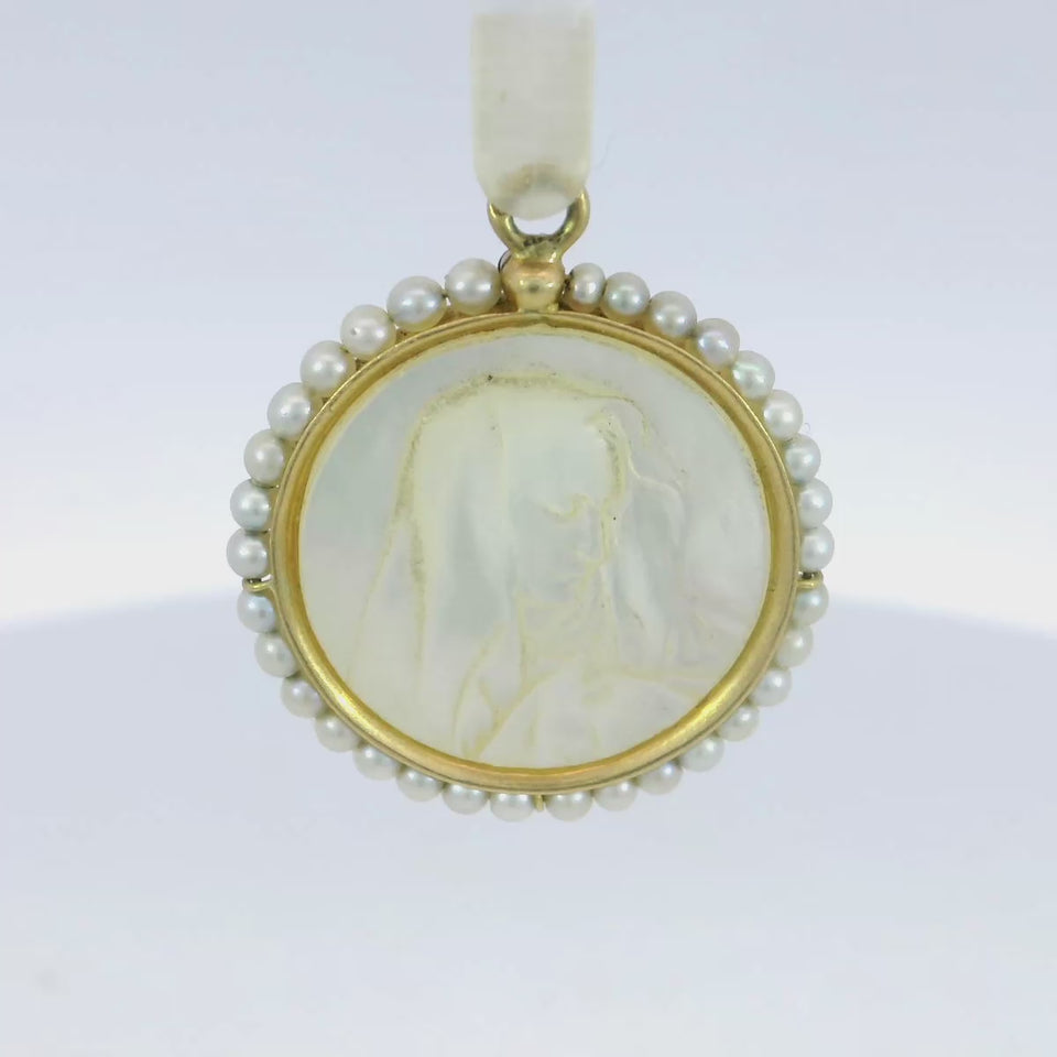 French Virgin Mary Charm Carved Mother of Pearl 18K Yellow Gold Pearl Frame