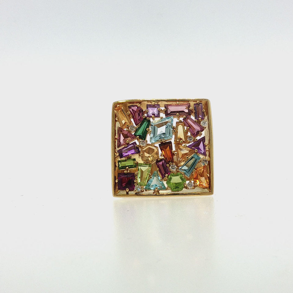 18K Yellow Gold Multicolor Gemstone Cluster Ring Size 10.5