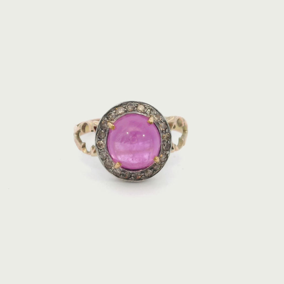 Victorian Pink Sapphire and Diamond Cluster Ring in 10 Karat Yellow Gold ~3.9ctw