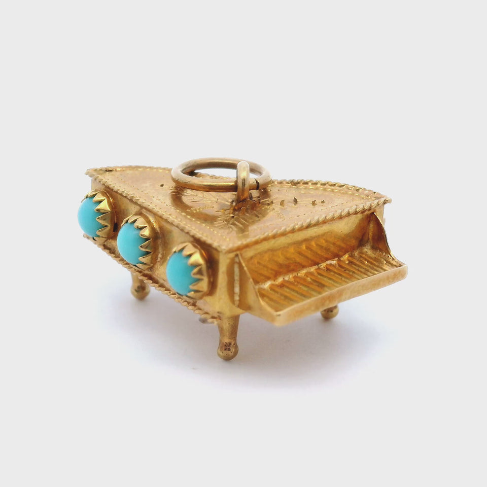 Vintage Italian Made 18K Yellow Gold Piano with Turquoise Charm Pendant