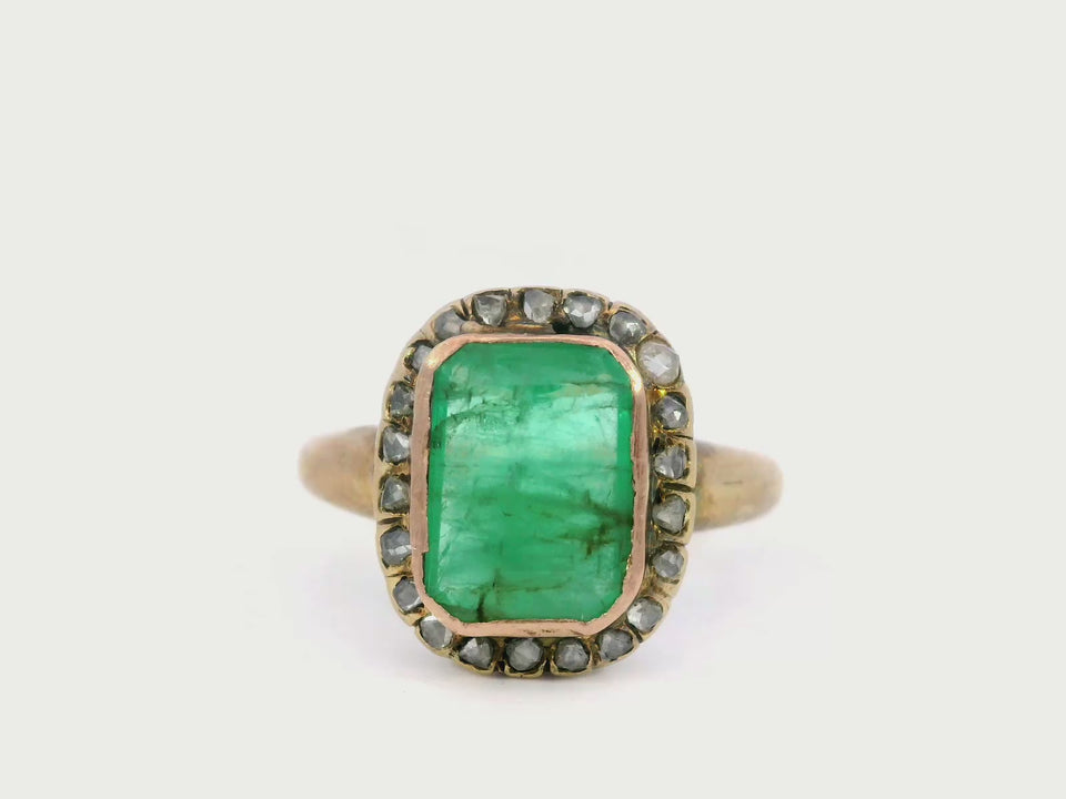 Antique Victorian 1.45ctw Emerald and Rose Cut Diamond Cluster Ring in 18K Gold