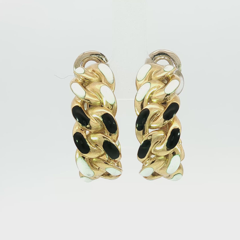 Bulgari Enamel Cuban Link Earrings Clip Ons Black White Enamel 18K Yellow Gold