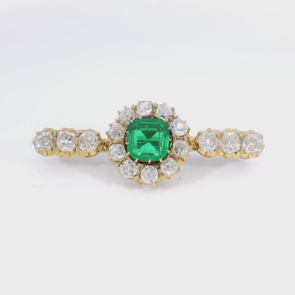 Victorian 18K Diamond Brooch Synthetic Emerald Yellow Gold ~3.64ctw
