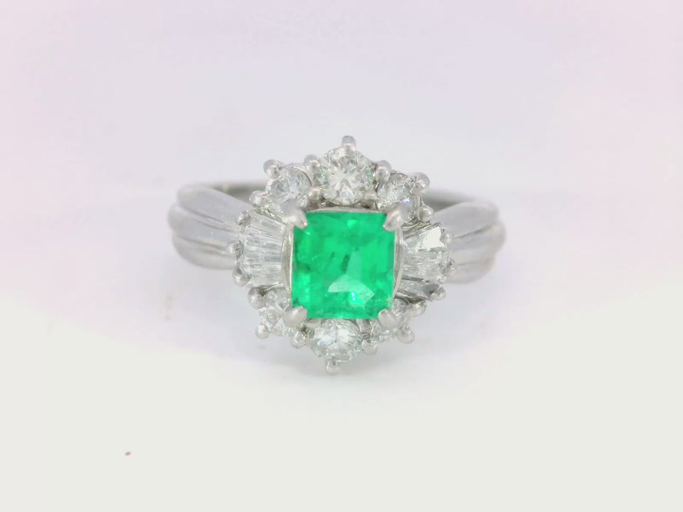 Vintage Classic Platinum Emerald and Diamond Cluster Ring 1.07ctw