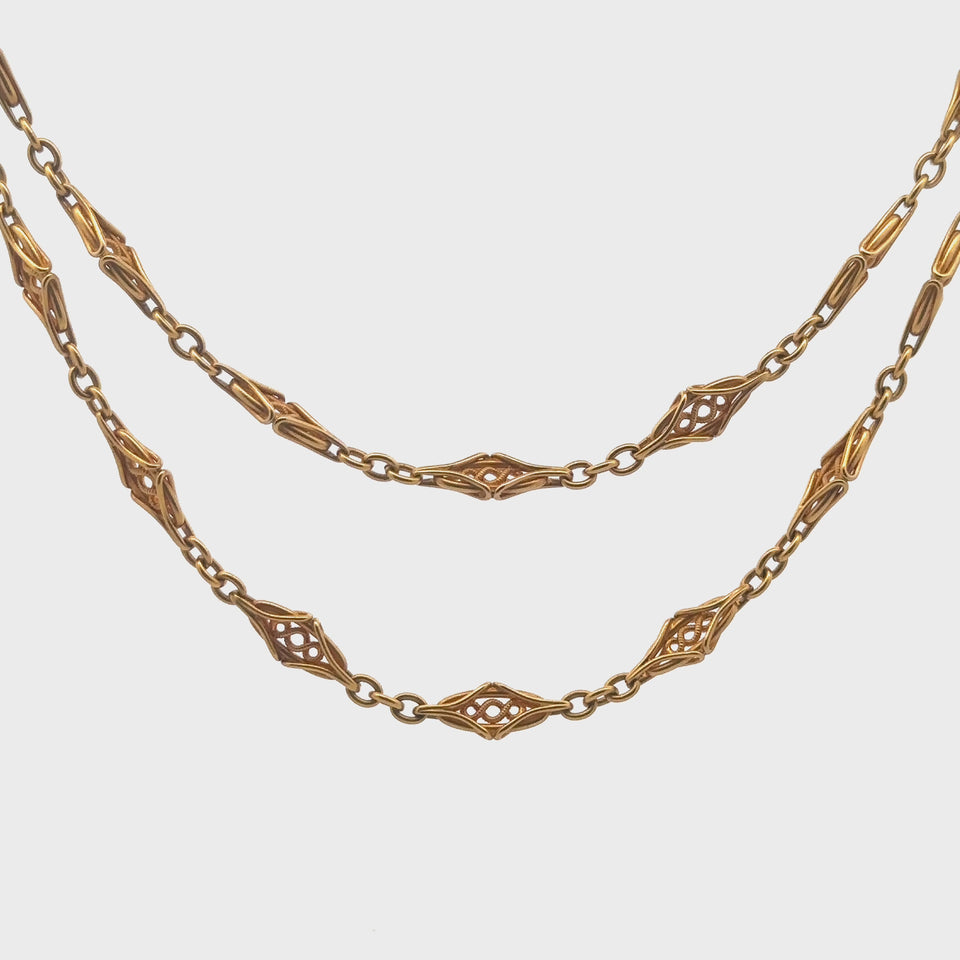 French Art Nouveau Fancy Chain Link Necklace 34 Inches in 18 Karat Yellow Gold