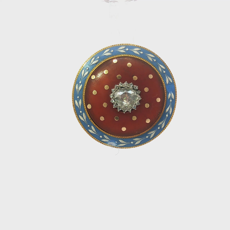 Cartier Paris Guilloché Enamel Rose Cut Diamond Brooch in 18K Yellow Gold
